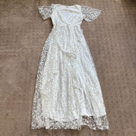 Baltic Born Marseille Embossed Maxi Dress Women's L White Long Slit Bride Fairy - Picture 3 of 10